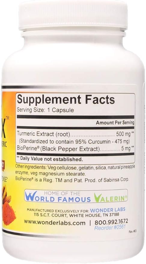Wonder Labs Maximum Strength Turmeric wit BioPerine - 95% Curcumin Extract Supports Heart Brain Bone and Joint Functions - 100 Capsules