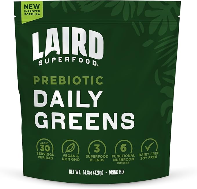 Laird Superfood Prebiotic Daily Greens Powder – Essential Vitamins &amp Minerals - Prebiotic Fiber Adaptogen and Fruits &amp Vegetables – Supports Gut Health – Non-GMO Vegan - 14.8 oz Bag Pack of