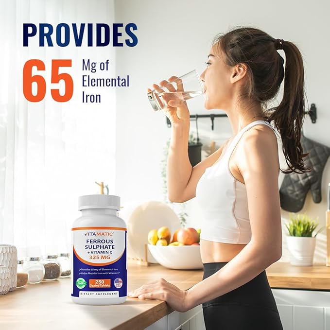 Vitamatic Ferrous Sulfate 325 mg with Vitamin C 100 mg (65 mg Elemental Iron) – High Potency Iron Supplement – No Artificial Colors – 250 Coated Tablets Made in USA - 2 Pack