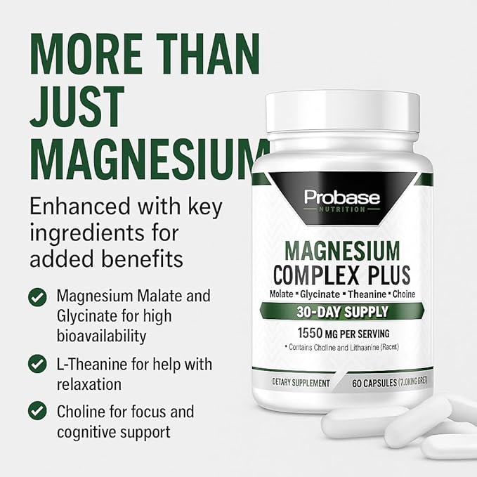 Probase Nutrition Magnesium Complex Plus with Glycinate Malate L-Theanine and Choline - Natural Support for Sleep and Cognitive Function - 60 Capsules - Calming Vitamins