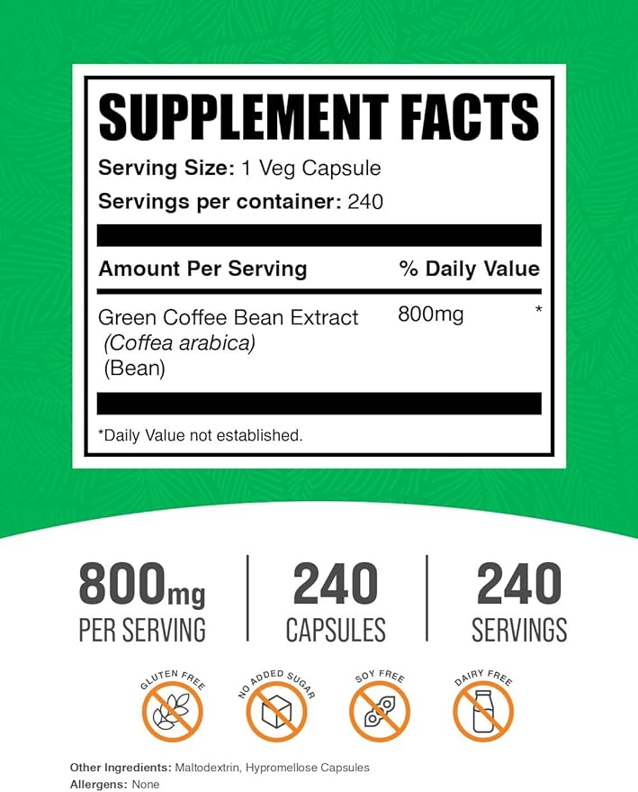 BulkSupplements.com Green Coffee Bean Extract Capsules - Green Coffee Bean Supplement - Gluten Free 1 Capsule per Serving (800mg) 240 Veg Capsules (Pack of 1)