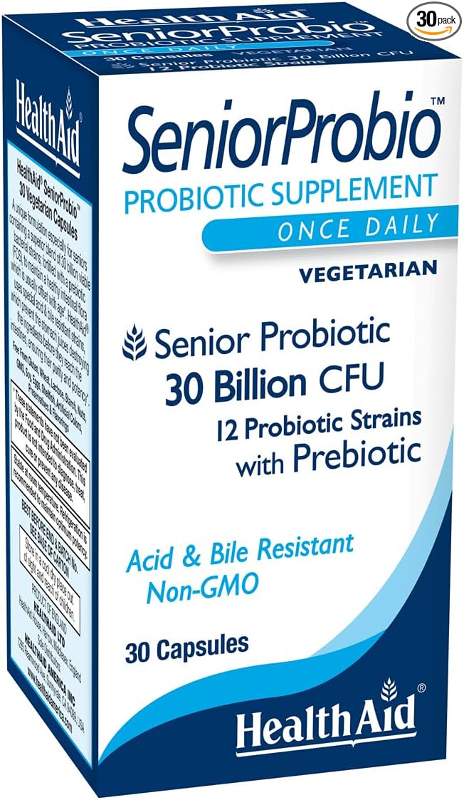SeniorProbio – Once-Daily Probiotic with Prebiotic Fiber | 30 Billion CFU Acid &amp Bile Resistant Strains | 30 Vegetarian Capsules | Lactose Gluten &amp GMO-Free