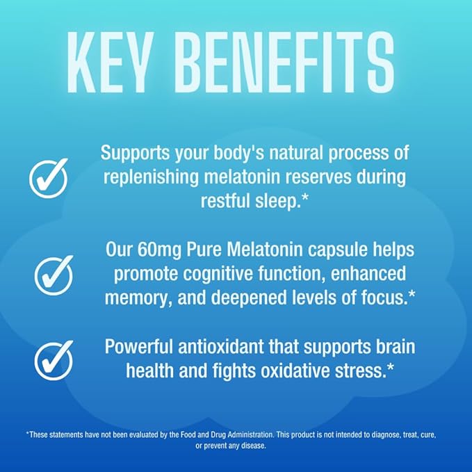 Pure Melatonin 60mg | 180 High-Dose Easy-to-Swallow Capsules | Natural Sleep Aid | Non-Habit Forming | Holistic Wellness