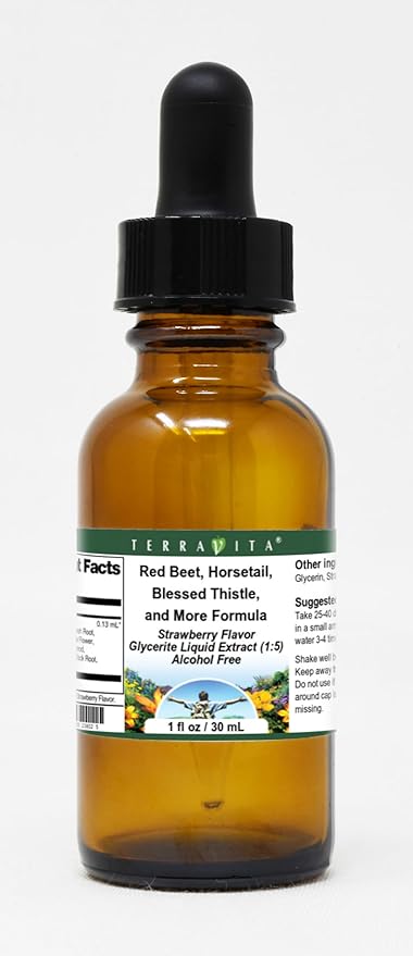 Terravita Red Beet Horsetail Blessed Thistle and More Formula Glycerite Liquid Extract (1:5) - Strawberry Flavored (1 oz ZIN: 523802)
