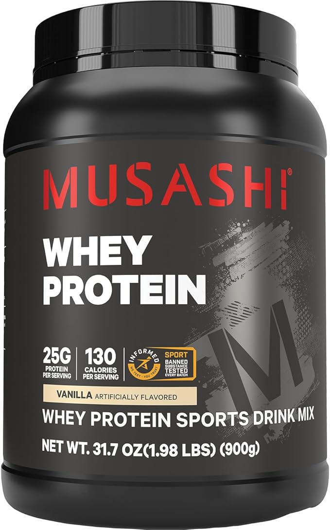MUSASHI Whey Protein Vanilla Powder 900g Tub 1.98 Pounds