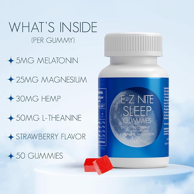 Hemp + Melatonin Sleep Gummies with L-Theanine Magnesium | Helps You Stay Asleep Longer | Non-Habit Forming Non-GMO Gluten Free | Strawberry Flavor 50 Count