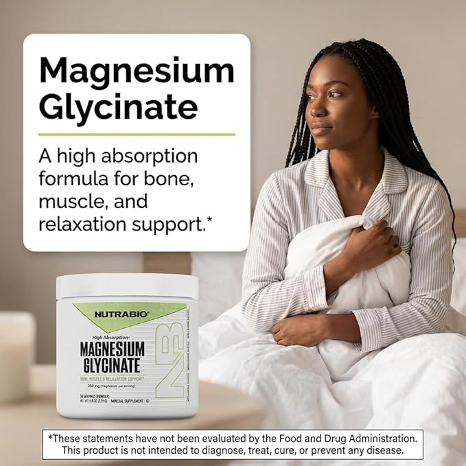 NutraBio Magnesium Glycinate Powder for Sleep- Sleep Supplement Supports Relaxation Heart Health and Metabolism- 350 mg- Unflavored Drink Mix- 50 Servings