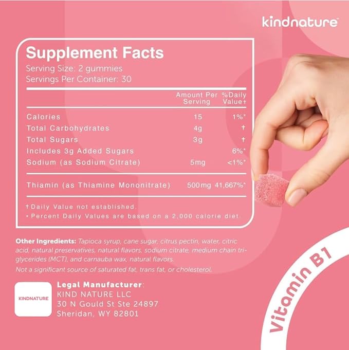 kindnature Vitamin B1 Gummies 500mg – High Potency Thiamine Supplement for Energy Focus &amp Nervous System – Vegan Non-GMO Chewable B1 Vitamins for Adults &amp Kids – Natural Strawberry Flavor –