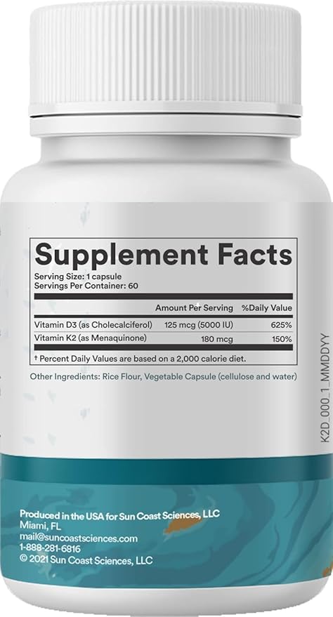 Sun Coast Science Sciences D3 Shield - Vitamin 5000 IU for Immune Support and Bone Health 60 Vegetarian Capsules K2 with 210mg Calcium Carbonate BioPerine Maximum Absorption