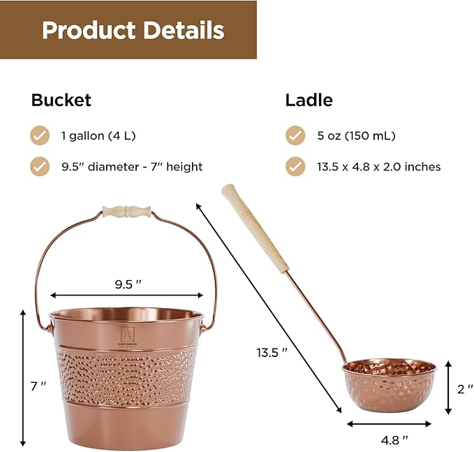 Sauna Bucket and Ladle Set - Handmade from 100% Pure Copper - Eucalyptus Wood Handles - 1 Gallon (4 Liters) Water Capacity