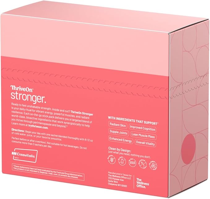 ThriveOn Stronger - Women's Creatine &amp Collagen Supplement for Midlife Support - Bone Muscle Cognitive &amp Energy Support* - Gluten-Free &amp Dairy-Free - Orange-Mango Flavor - 30 Count (30 S
