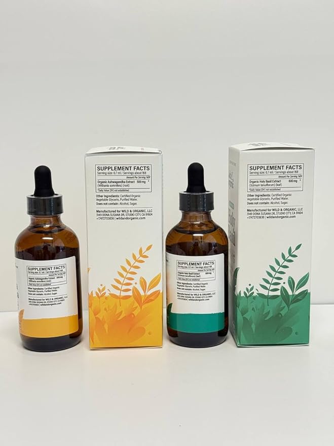 Wild &amp Organic Ashwagandha Tincture 4 fl oz &amp Holy Basil Tincture 4 fl oz