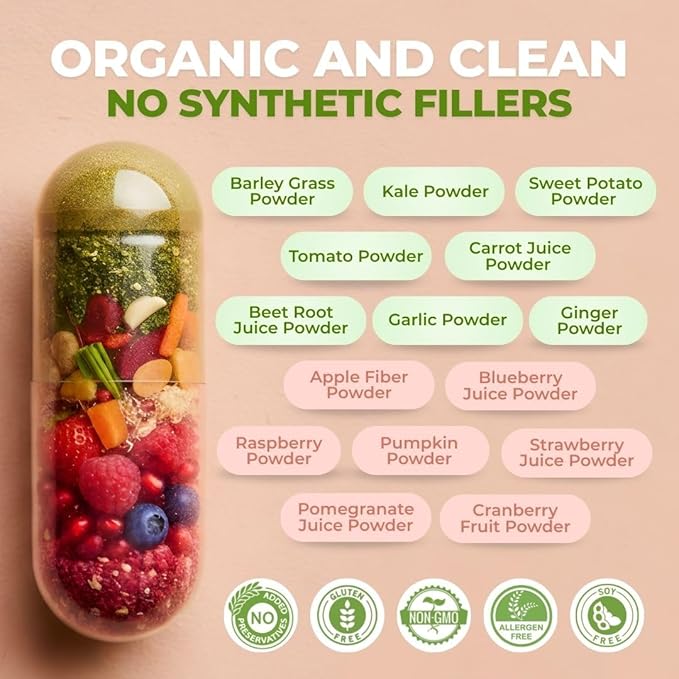 Vital Super Fruits &amp Veggies - Daily Superfood Capsules for Adults - Fruit and Veggies Supplement to Boost Immunity &amp Energy - 2-in-1 Formula for Overall Wellness - Fruit and Vegetable Capsule