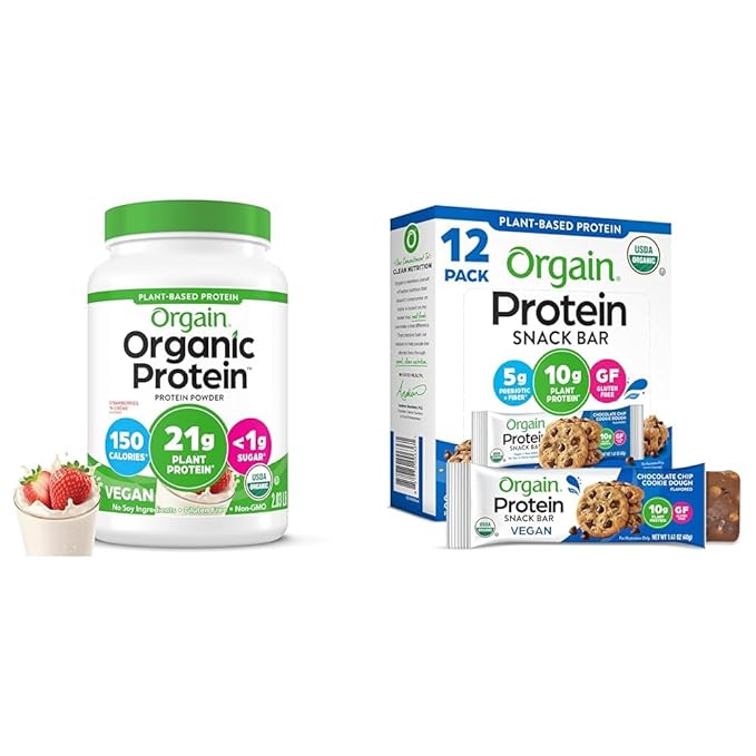 Bundle of Orgain Organic Vegan Protein Powder Strawberries &amp Cream - 21g Plant Based Protein + Orgain Organic Vegan Protein Bars Chocolate Chip Cookie Dough - 10g Plant Based Protein Pack of 12