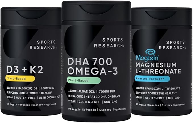 Sports Research® Vegan Supplements Pack - Vegan DHA 700mg Omega-3 + Vitamin D3 K2 5000iu + Magnesium L-Threonate Capsules 2000mg
