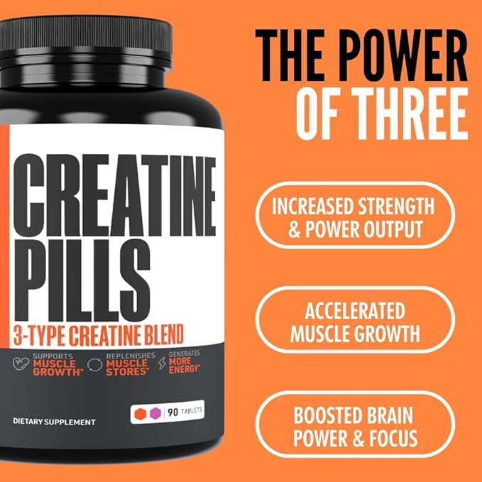 Crazy Muscle Creatine Pills 5g 3X Pure Creatine Monohydrate Pre Workout Muscle Mass Gainer High Absorption ThreeAtine Performance Men Women Tablets - 30 servings