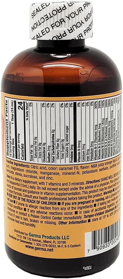 Germa B-Complex Syrup. Dietary Supplement. Bone Health Growth and Development Aid. Sugar Free. Orange Flavor. 8 oz. Pack of 6