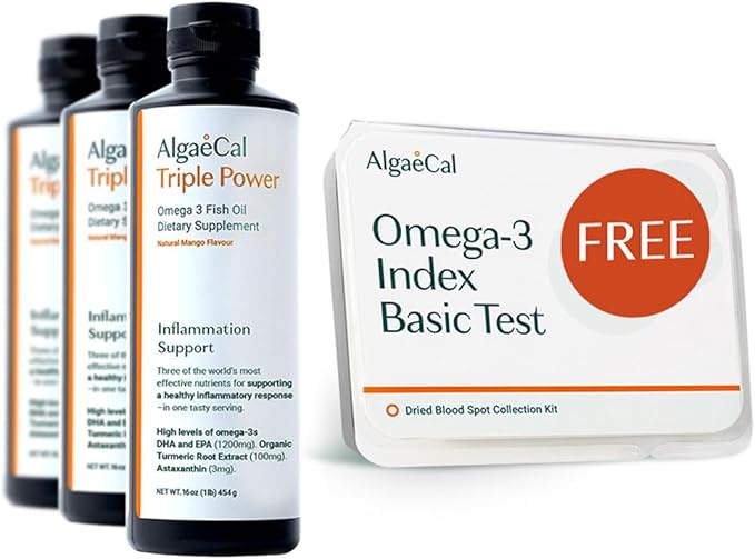 ALGAECAL Free Omega-3 Home Test Kit: Easy At-Home Testing with Lab-Verified Results Triple Power: 1200mg EPA &amp DHA Omega-3s Fish Oil Supplement Mango Flavor Burp-Less Sugar-Free