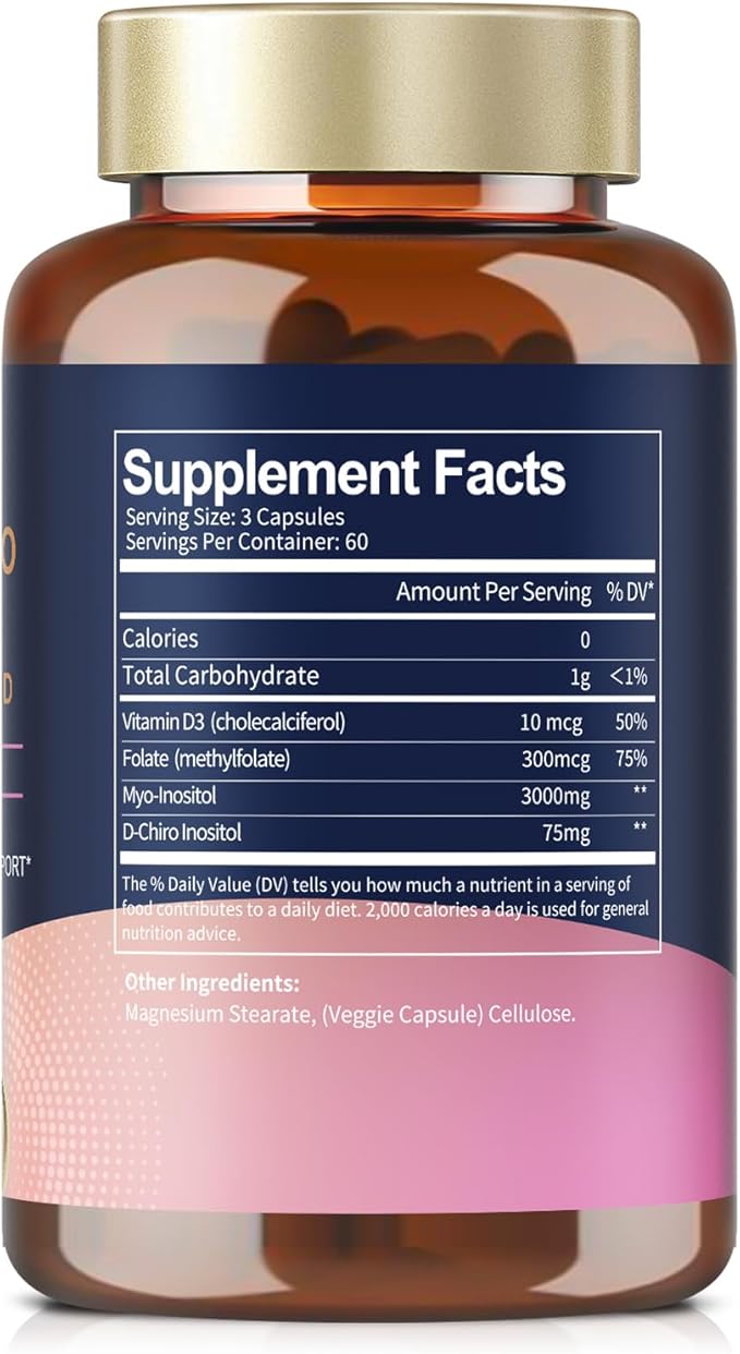 Totaria Inositol Supplement for Women with Vitamin D3 Folate 40:1 Ratio Myo-Inositol &amp D-Chiro Inositol Complex (Vitamin B8) Inositol Capsules 180 Capsules 60 Servings 2 Month Supply
