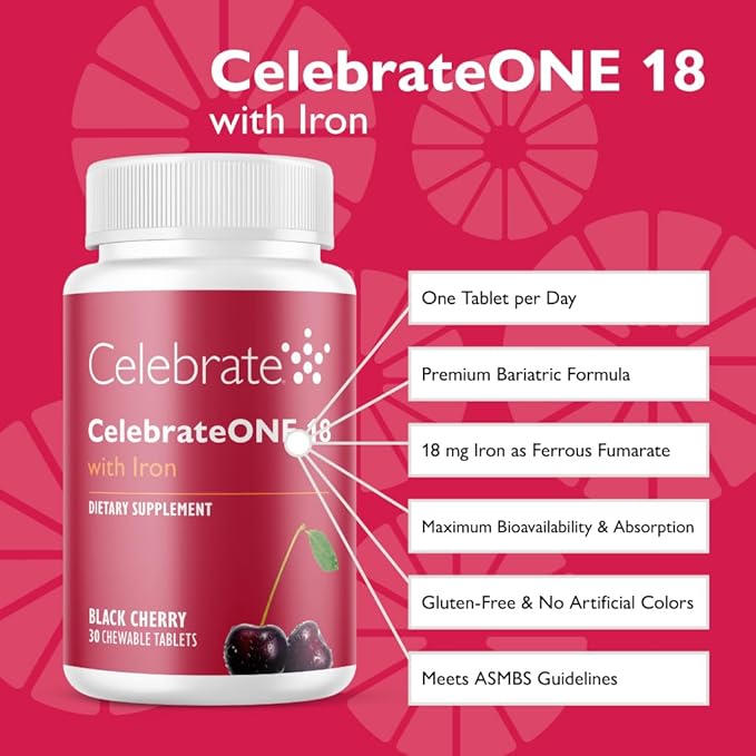 Celebrate Vitamins CelebrateONE 18 Chewables 18mg Iron - Once Daily Bariatric Multivitamin Essential Vitamins &amp Minerals - Gastric Bypass &amp Sleeve Gastrectomy Supplement - Black Cherry (30 T