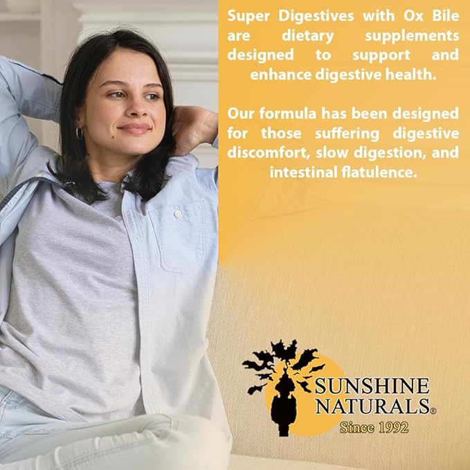 Sunshine Naturals Super Digestive Supplement. Ox Bile &amp Activated Charcoal for Digestive Support Bloating Relief Gut Cleanse Nutrient Absorption and Overall Wellness. 100 Tablets. Pack of 2