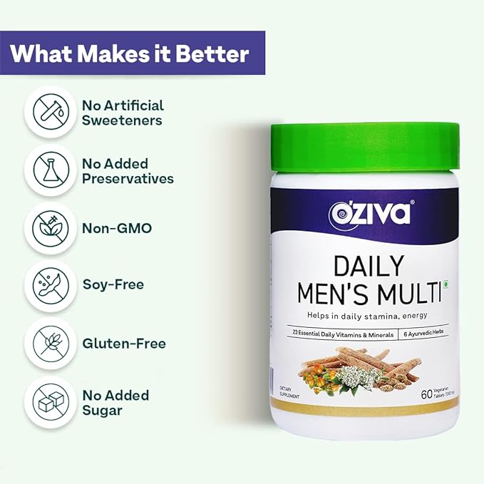 OZIVA Daily Men’s Multivitamins Tablets | Multivitamins for Men’s Daily Stamina Improved Energy &amp Better Immunity | with Daily 23 Minerals Ashwagandha Akarkara &amp Choline 60 Capsules