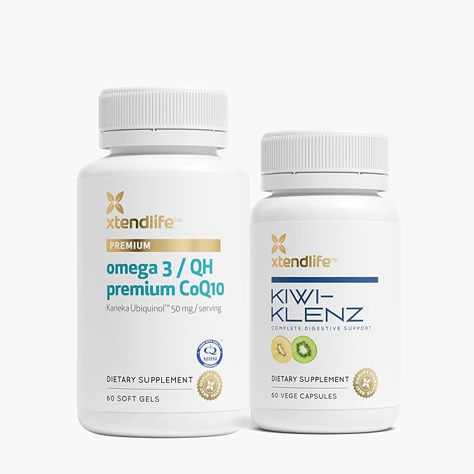 Xtendlife Healthy Gut Bundle - Omega 3/QH Premium CoQ10 &amp Kiwi-Klenz - for Digestion Bloating and Heart - 2 Item Bundle