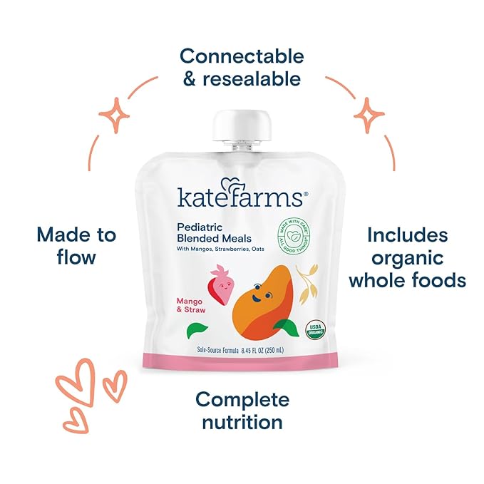 KATE FARMS Organic Pediatric Blended Meal Mango and Strawberry 8g protein organic whole foods oral or tube feed nutrition Gluten Free Non-GMO 8.45 oz (12 Pack)