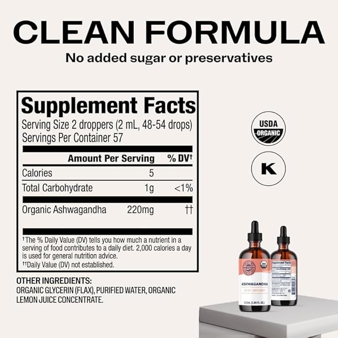 VIMERGY USDA Organic Ashwagandha Liquid Extract 57 Servings –Stress Supplement Drops – Adaptogen - Supports Cognitive Function – Sleep Support – Alcohol-Free Non-GMO Vegan &amp Paleo Friendly (115