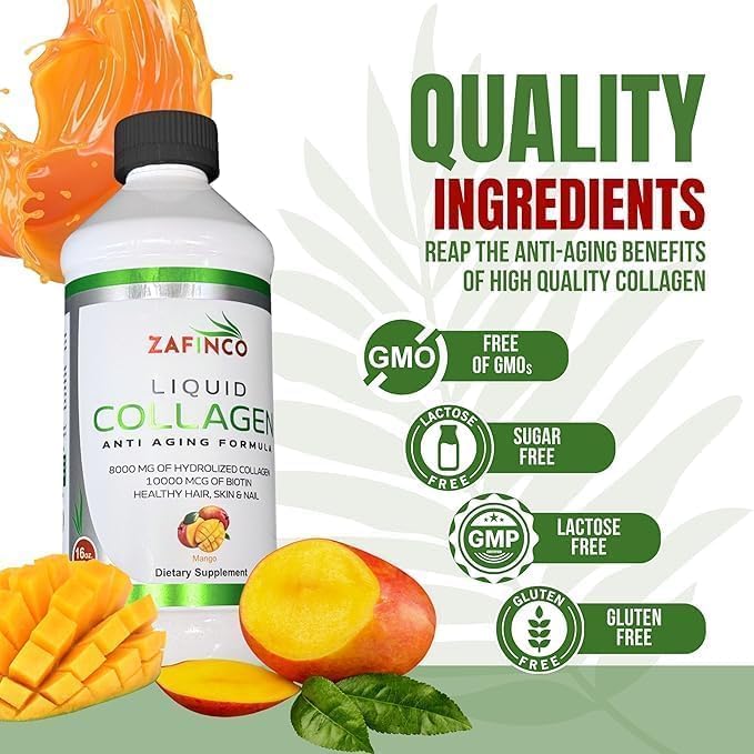 ZAFiNCO Liquid Collagen Peptides for Women &amp Men-Mango Flavored 10000 mcg Biotin+8000 mg HydrolyzedSugar Free Premium Juice for Anti-AgingSkinHairNails &amp Joints -16 Fl oz-Made in USA (2Pac