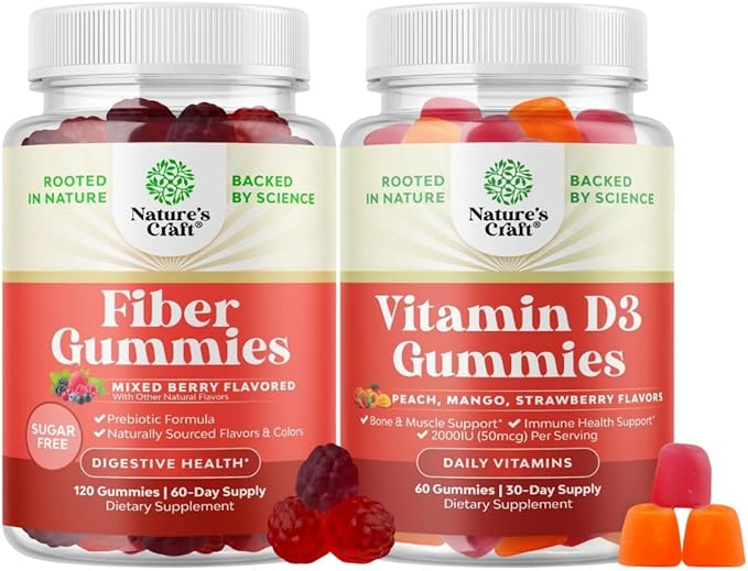 Bundle of Fiber Gummies for Adults - Chicory Root Supplement with Prebiotic for Gut &amp Digestive - Sugar Free &amp Vegan and Vitamin D3 Gummies with 2000IU per Serving Bone Muscle &amp Immune Sup