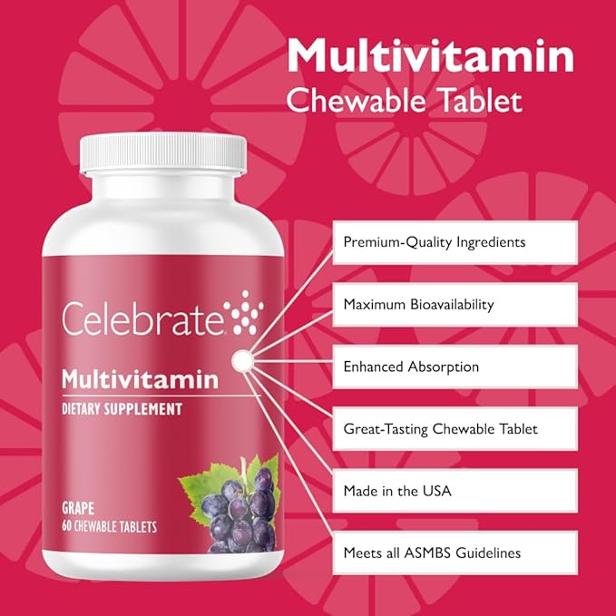Celebrate Vitamins Bariatric Multivitamin Chewable Iron Free - Post Gastric Bypass &amp Sleeve Gastrectomy Supplement for Men &amp Women - Essential Minerals &amp Vitamin A B D &amp E - Grape (
