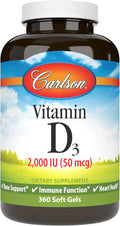 Carlson - Vitamin D3 2000 IU (50 mcg) Bone Health Muscle Health Cholecalciferol Vitamin D Supplements Vitamin D3 Soft Gels 360 Softgels