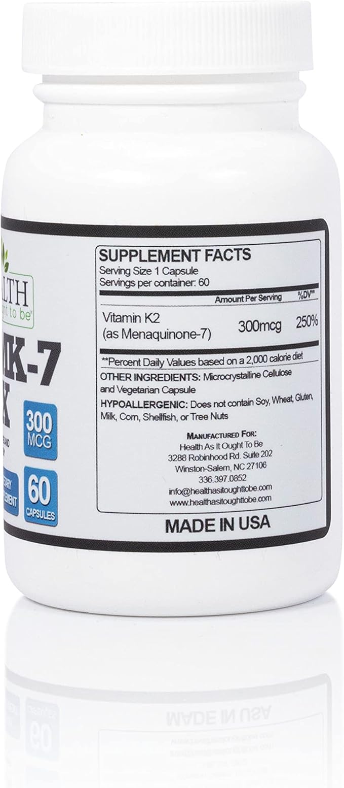 Health As It Ought To Be Vitamin K2 MK-7 Max 300 mcg Supplement – Extra Strength Soy-Free Formula for Bone and Cardiovascular Health Support – 60 Capsules