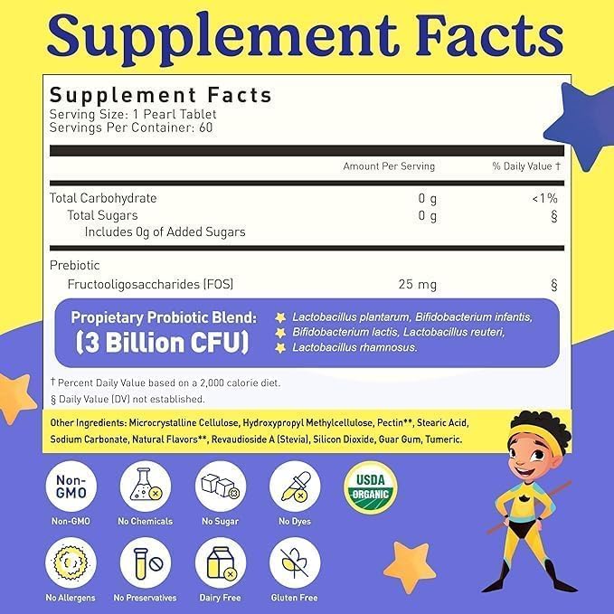LOVEBUG Probiotics for Kids - Kids Probiotic Chewables with Prebiotics for Aged 4+ Daily Children’s Gut Health Constipation Digestive &amp Immune Support Supplement Sugar-Free 120 Soft Pearls