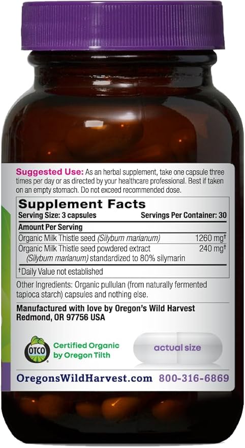 Oregon's Wild Harvest Certified Organic Milk Thistle USDA Certified Organic Herbal Supplement 90 Count