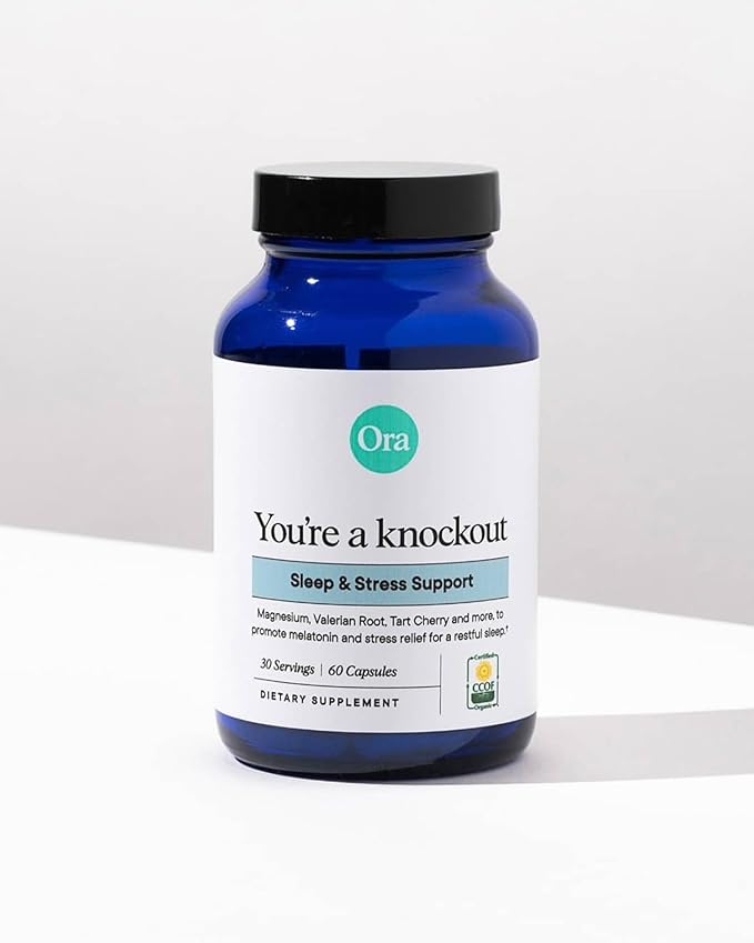 Ora Organic Natural Sleep Aid Supplement Stress Support Calming Herbal Blend with Melatonin from Tart Cherry - Includes Magnesium Citrate Valerian Root and Lemon Balm - 1 Month Supply 60 Capsules