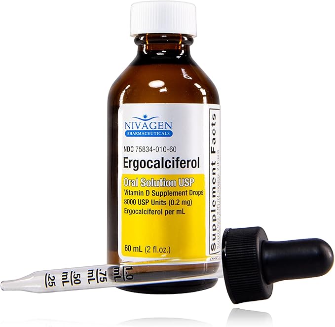 Vitamin D2 Liquid Drops (Ergocalciferol) 400 IU - 60ml (8000 USP 1200 Servings) + Vitamin D3 50000 IU Capsules (100 Count)