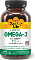 Country Life Omega-3 Fish Oil Supplement 1000mg 180mg EPA &amp 120mg DHA Fish Oil Concentrate Burpless 100 Softgels Certified Gluten Free
