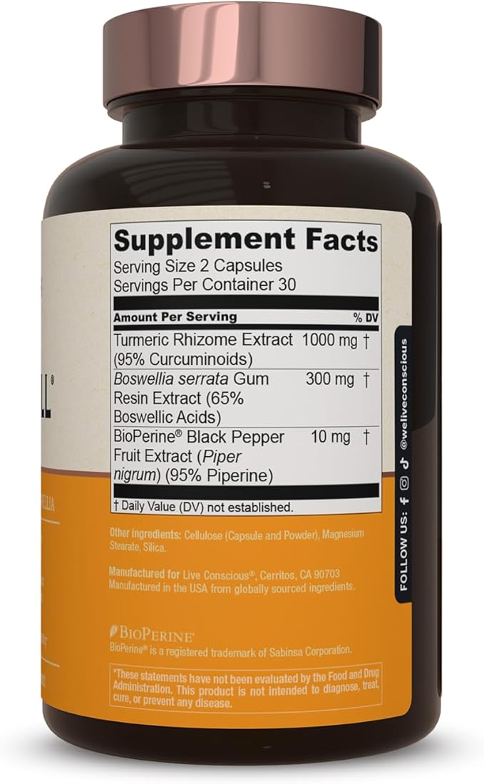 Live Conscious CurcuWell - Curcumin and Boswellia Blend | Maximum Strength Joint Body and Cognitive Support - 60 Day Supply (2-Pack)