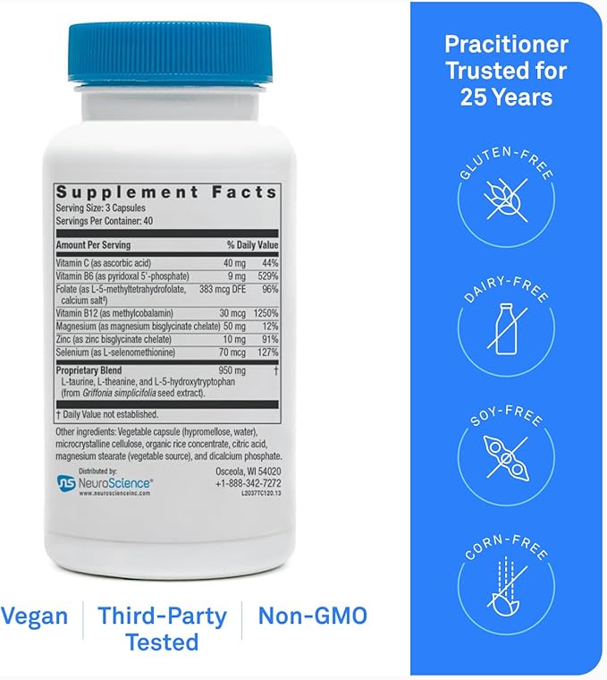 Neuroscience TravaCor - Mood Support Supplement with L-Theanine 5 HTP and B Vitamins - GABA and Serotonin for Stress and Emotional Support (120 Capsules)