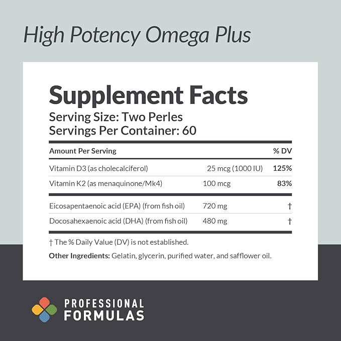 Professional Formulas Omega Plus – High-Potency EPA (720 mg) &amp DHA (480 mg) with Vitamins D3 + K2 – Supports Cardiovascular Immune Bone &amp Inflammatory Health – 120 Perles