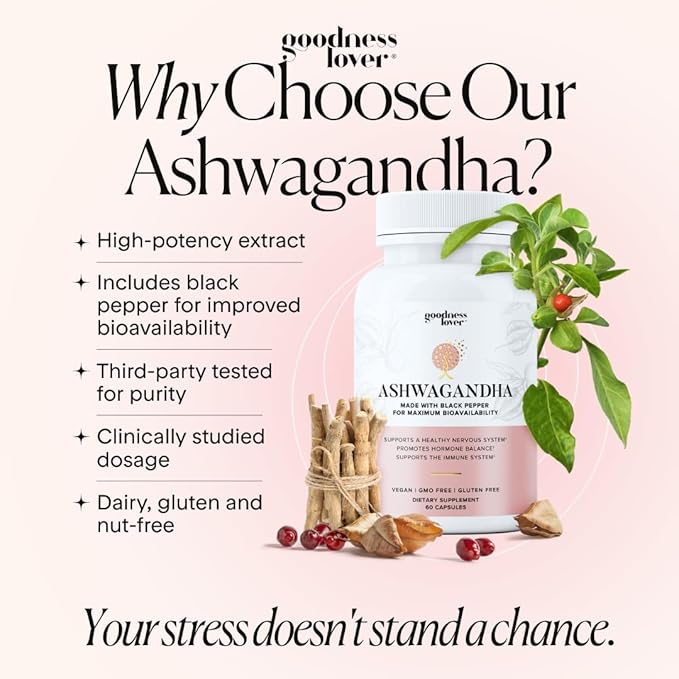 Goodness Lover Ashwagandha Supplement Ashwagandha and Black Pepper Adaptogens to Support Sleep Stress Focus &amp Clarity Calm 30 Servings