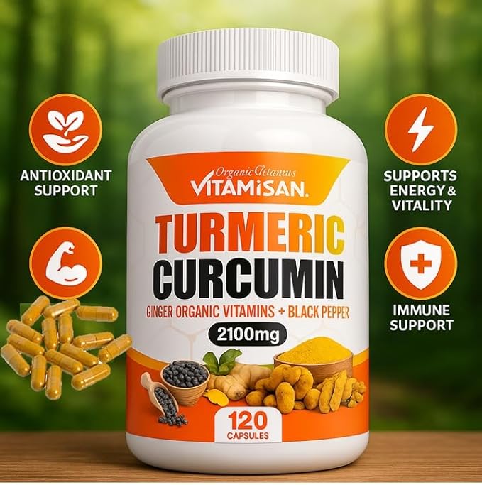 VITAMISAN Turmeric Curcumin 2100mg with Ginger &amp Black Pepper – 2 Pack (120 Capsules Each) – Herbal Supplement for General Wellness – Non-GMO – Made in USA