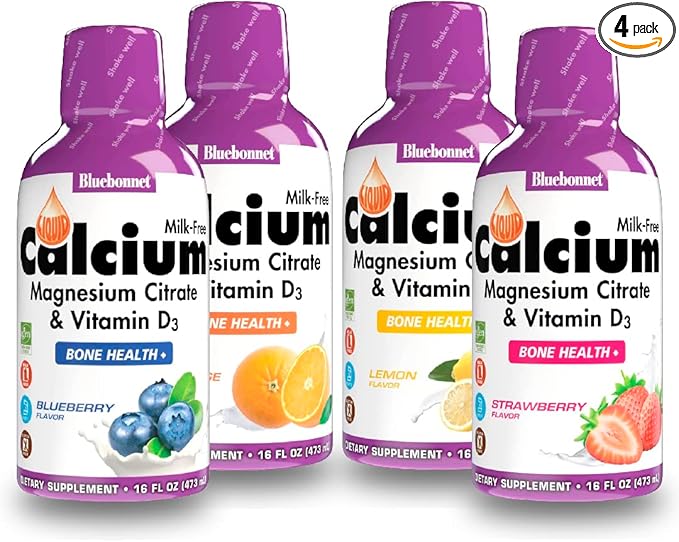 Bluebonnet Nutrition Liquid Calcium Citrate Magnesium Citrate Vitamin D3 Bone Health - Bundle of Orange Blueberry Lemon and Strawberry Flavor 4 Bottle of 16 Fl Oz Each (64 Fl Oz Total)