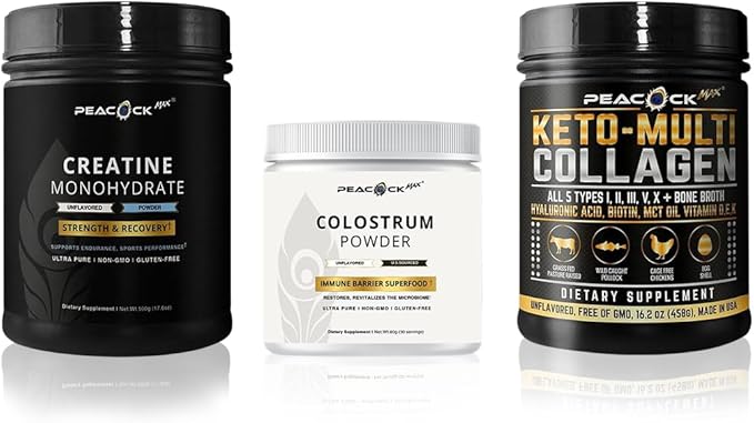 Keto Multi Collagen Peptides (16.2 oz) + Creatine Monohydrate Powder (500g) + Colostrum Powder (60g) Bundle – Unflavored Gluten-Free Non-GMO Clean Daily Supplement Stack