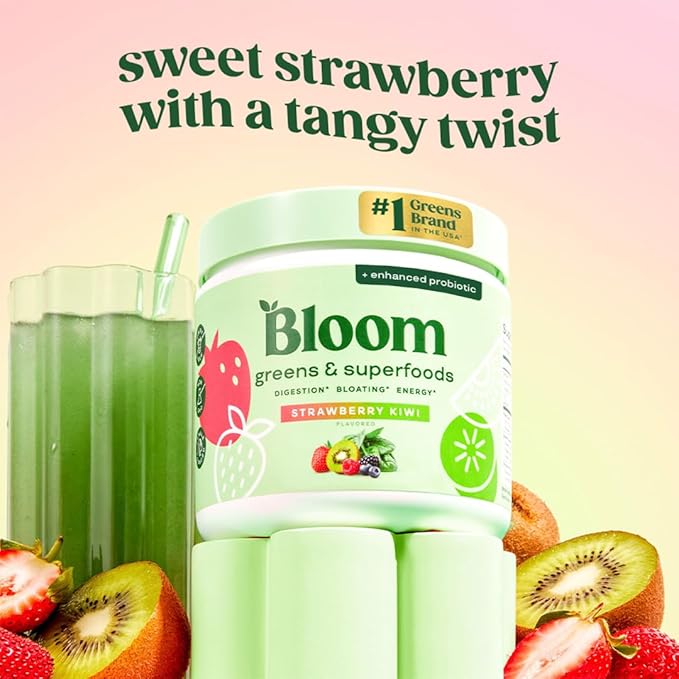 Bloom Nutrition Greens and Superfoods Powder for Digestive Health Greens Powder Digestive Enzymes Probiotics Spirulina Chlorella for Bloating &amp Gut Support Green Juice 30 SVG Strawberry Ki