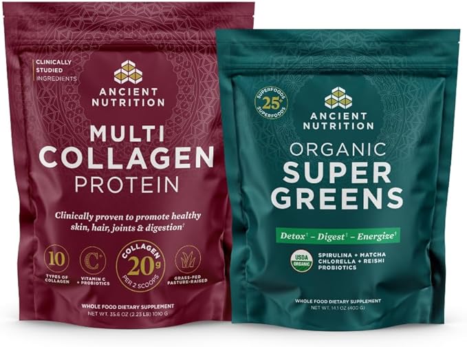 Ancient Nutrition Multi Collagen Peptides Protein Powder Unflavored 100 Servings + Organic Supergreens Powder Unflavored 50 Servings