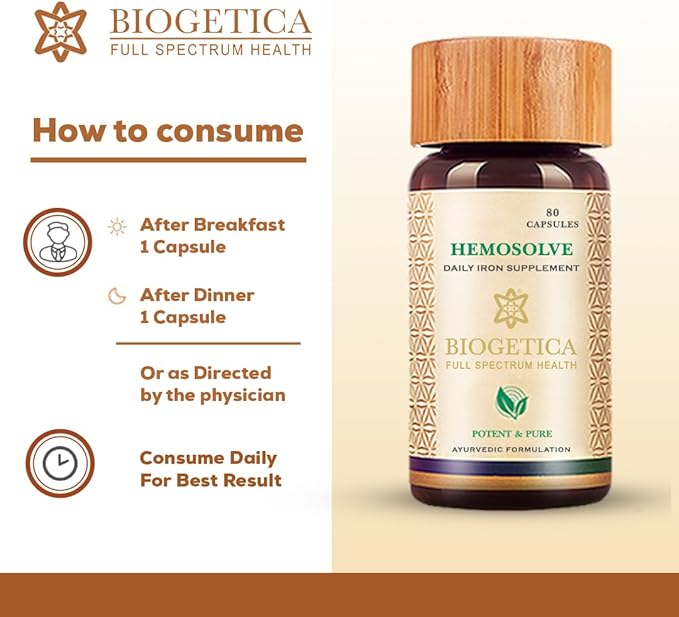 Biogetica Hemosolve Herbal Daily Iron Supplement with Kassisa Mineral and Sarsaparilla Root - Non-GMO - 100% Vegan Ayurveda Supplement - 80 Capsules