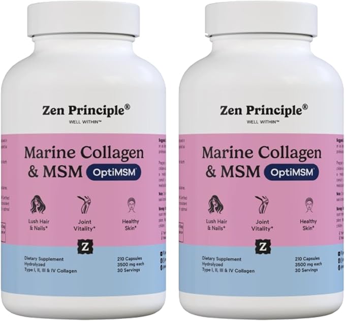 Zen Principle Marine Collagen Peptides Powder with OptiMSM® Supplement. Clinically Tested for Skin Support. Wild-Caught Fish Non-GMO. 420 Capsules.